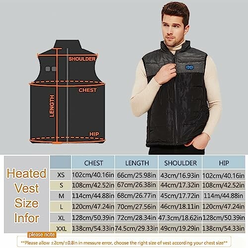 Tabla de tallas para chaleco calefactable con imagen de modelo usándolo.