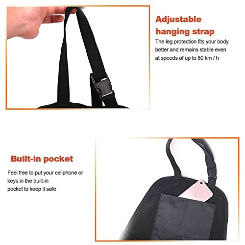 Bolsa de protección para pierna de motocicleta con correa ajustable y bolsillo integrado.